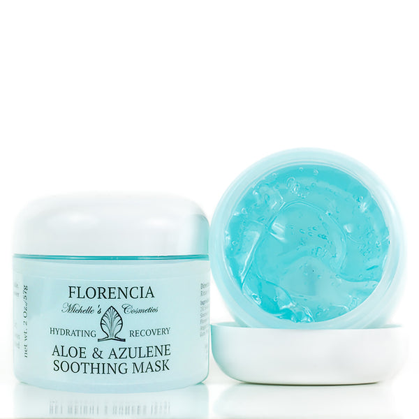A Aloe & Azulene Soothing Mask bottle showing the front and another open on it's side showing the inside of the jar.