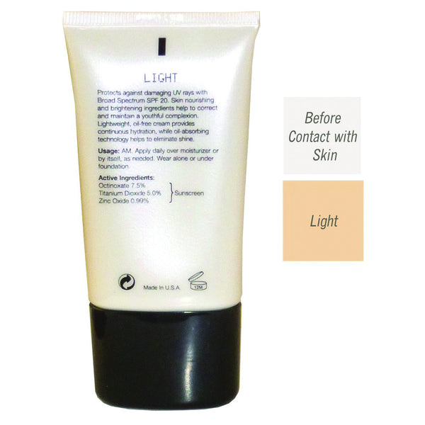 Back of the Bottle of CC Cream Brightening SPF 20 with before contact with skin color and a light color difference. 