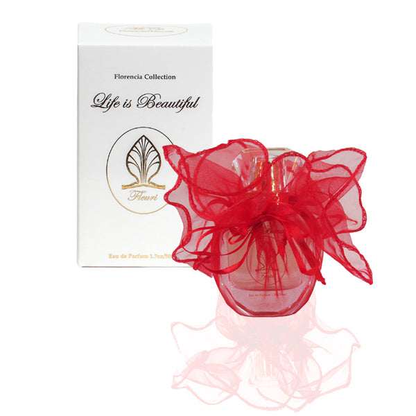 Fleuri Perfume bottle wrapped up in a transparent red gift bag in front a perfume box.
