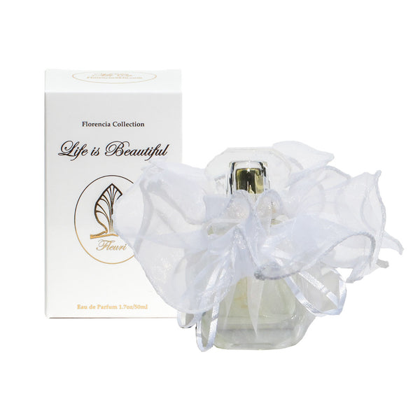 Fleuri Perfume bottle wrapped up in a transparent white gift bag in front a perfume box.