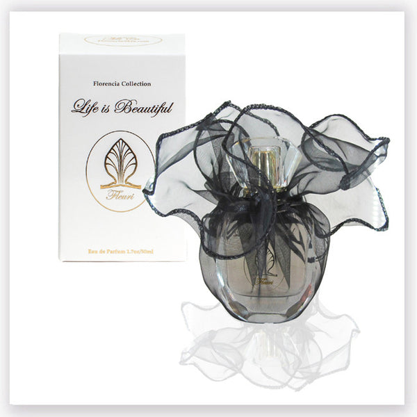 Fleuri Perfume bottle wrapped up in a transparent black gift bag in front a perfume box.
