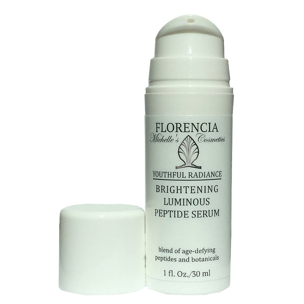 A bottle of Brightening Luminous Peptide Serum - Youthful Radiance with the lid off.