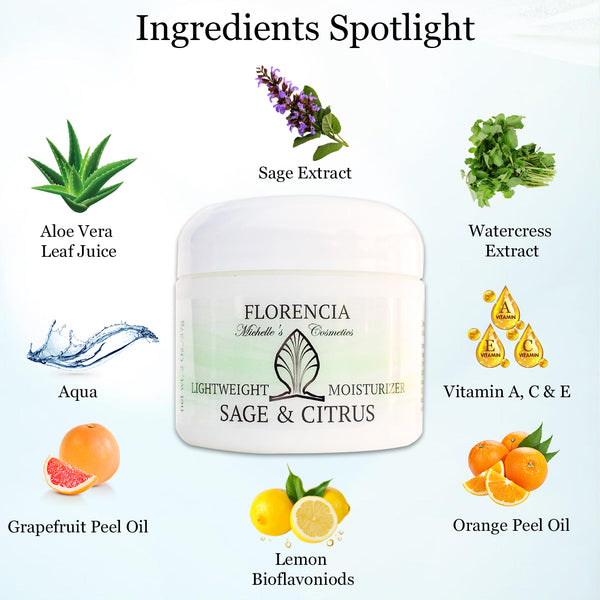 Florencia Sage & Citrus Lightweight Moisturizer - Oil Free Facial Moisturizer Lotion – Lightweight Hydrating Cream for Sensitive, Oily, Normal, Combination Skin – Natural Ingredients