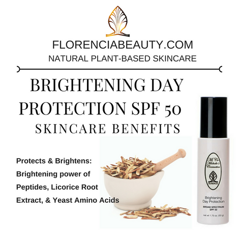 A bottle of SPF 50 Brightening Day Protection Broad Spectrum with benefits including protecting and brightening.