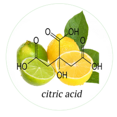 Citric Acid derived from citrus fruit. It is a type of alpha-hydroxy acid (AHA). It exfoliates the skin, improves texture of skin and lightening its tone. It promotes the growth of collagen. Citric Acid also helps adjust the pH balance, and a great natural preservative.